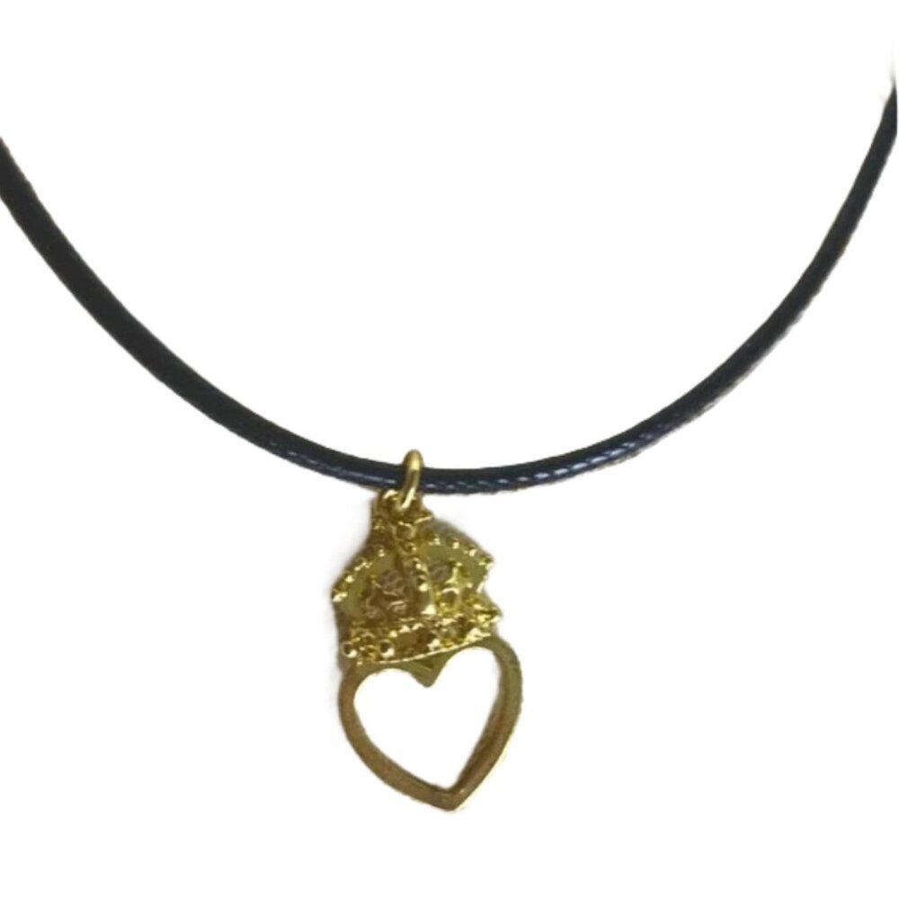 Unique Vintage Goldplated Crowned Heart Design Black Cord Fashion Necklace